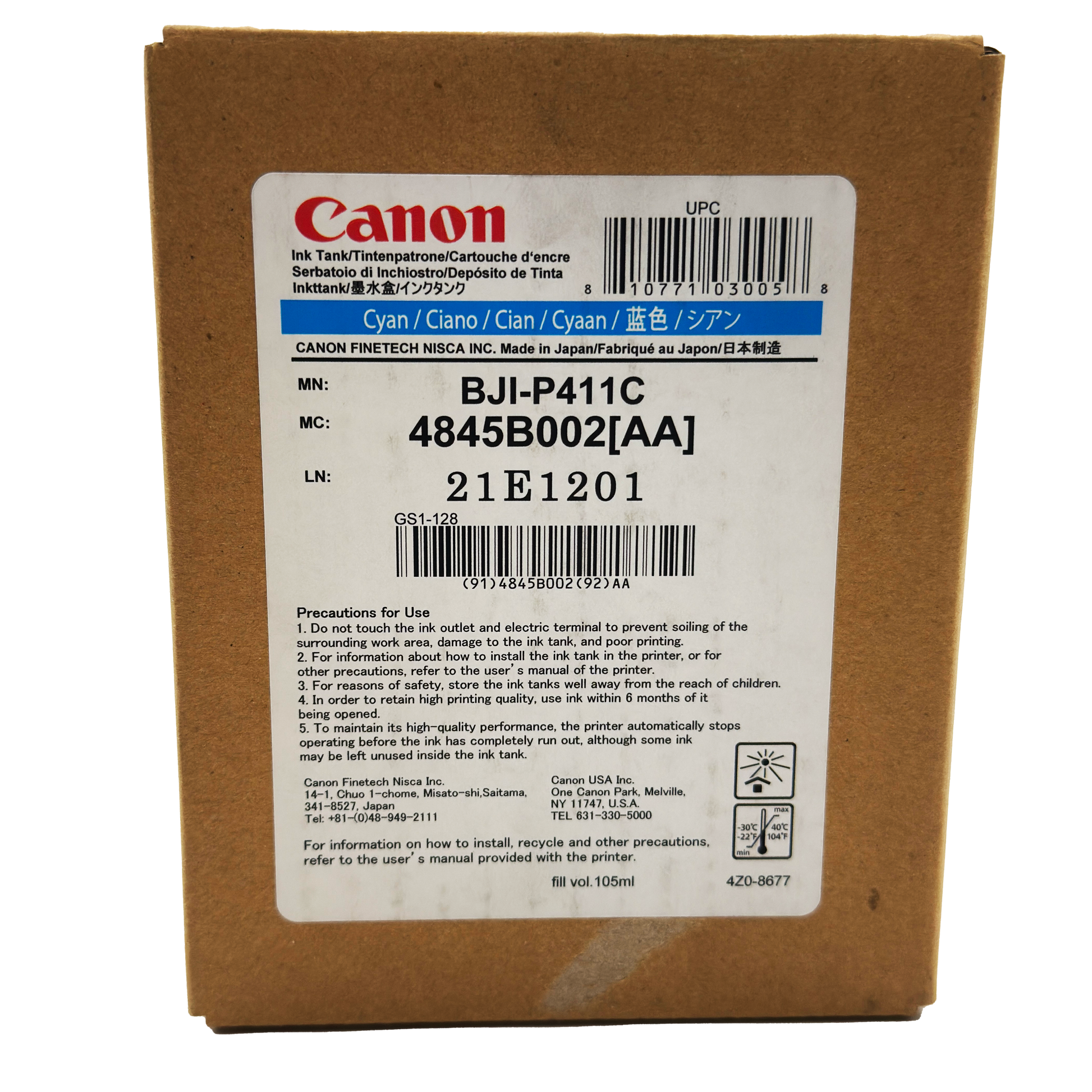 Canon ink cartridge packaging with label on a white background
